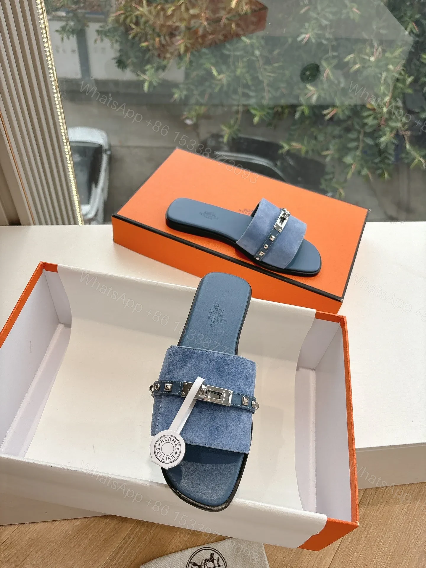 View 4 of Hermes Women Blue Suede Flat Slide Sandals