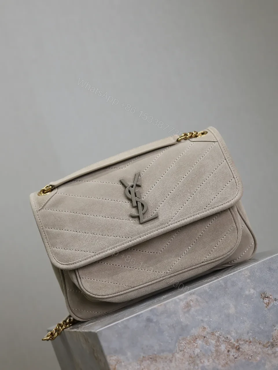 View 7 of Taupe Quilted Crossbody Bag - Suede-Feel, Chevron + Icon Hardware