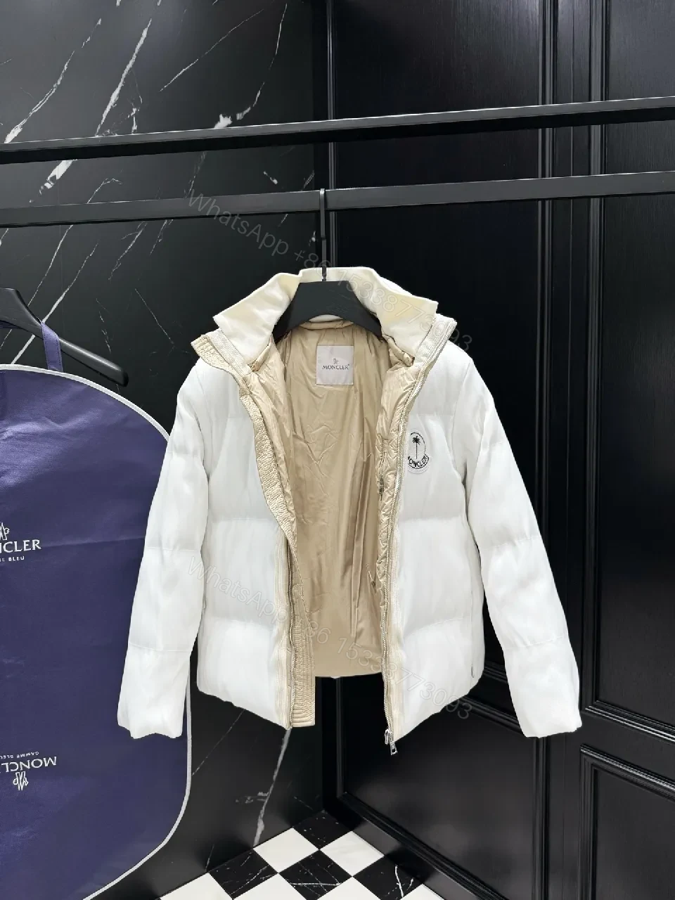 View 6 of White Puffer Jacket with Iconic Emblem, Luxury Everyday Outerwear