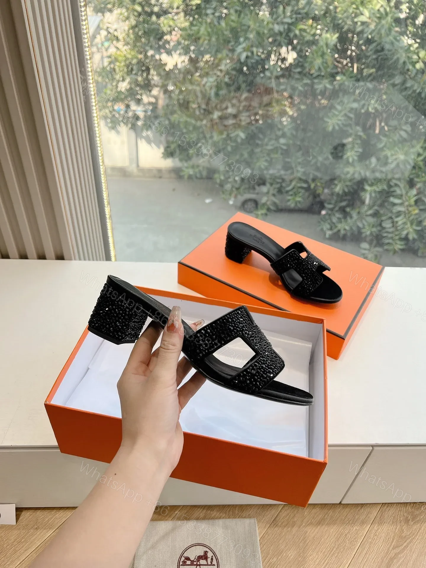 View 5 of Hermes Women Black Embellished Leather Mules