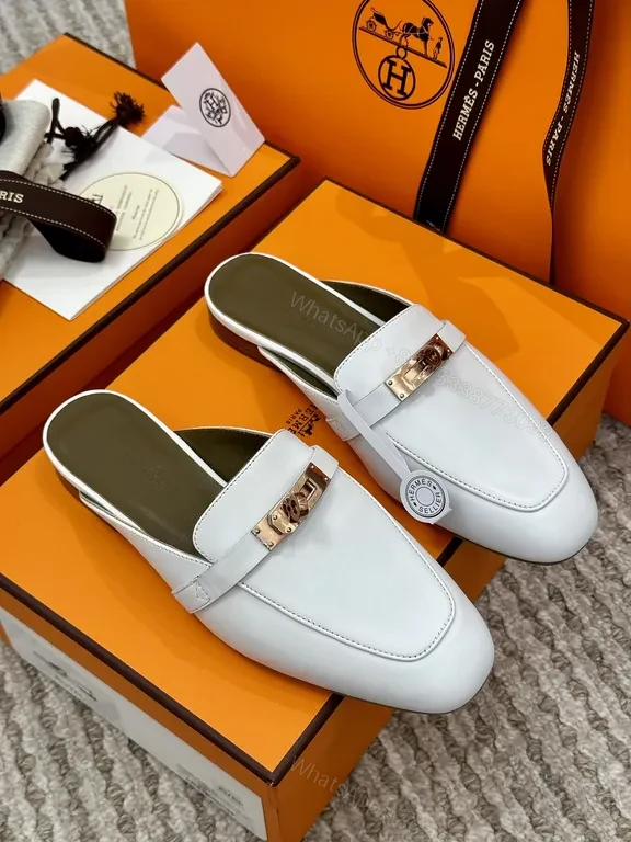 View 3 of White Leather Mule with Gold Horsebit - Premium Calfskin Slip-On