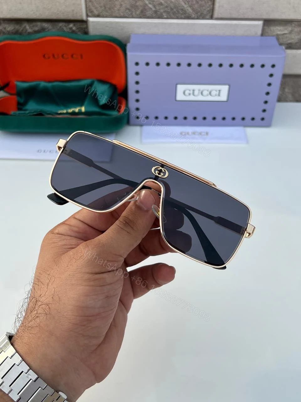 View 4 of Gucci Square Shield Gold-Black Sunglasses
