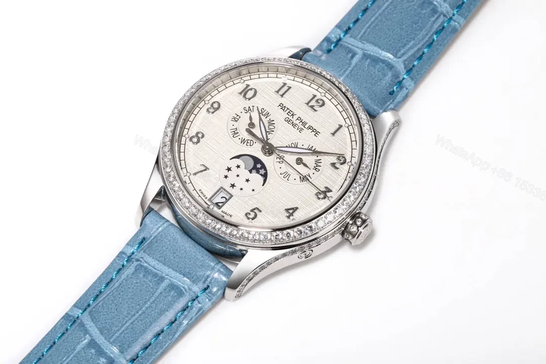 View 4 of Patek Philippe Complications Series Annual Calendar Moon Phase Women’s Watch 4947R/4947G 4948R/4948G White Dial with Blue Leather Strap Diamond Set Case