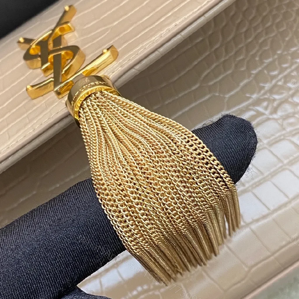 View 5 of Taupe Crocodile-Embossed Clutch with Gold Monogram and Tassel