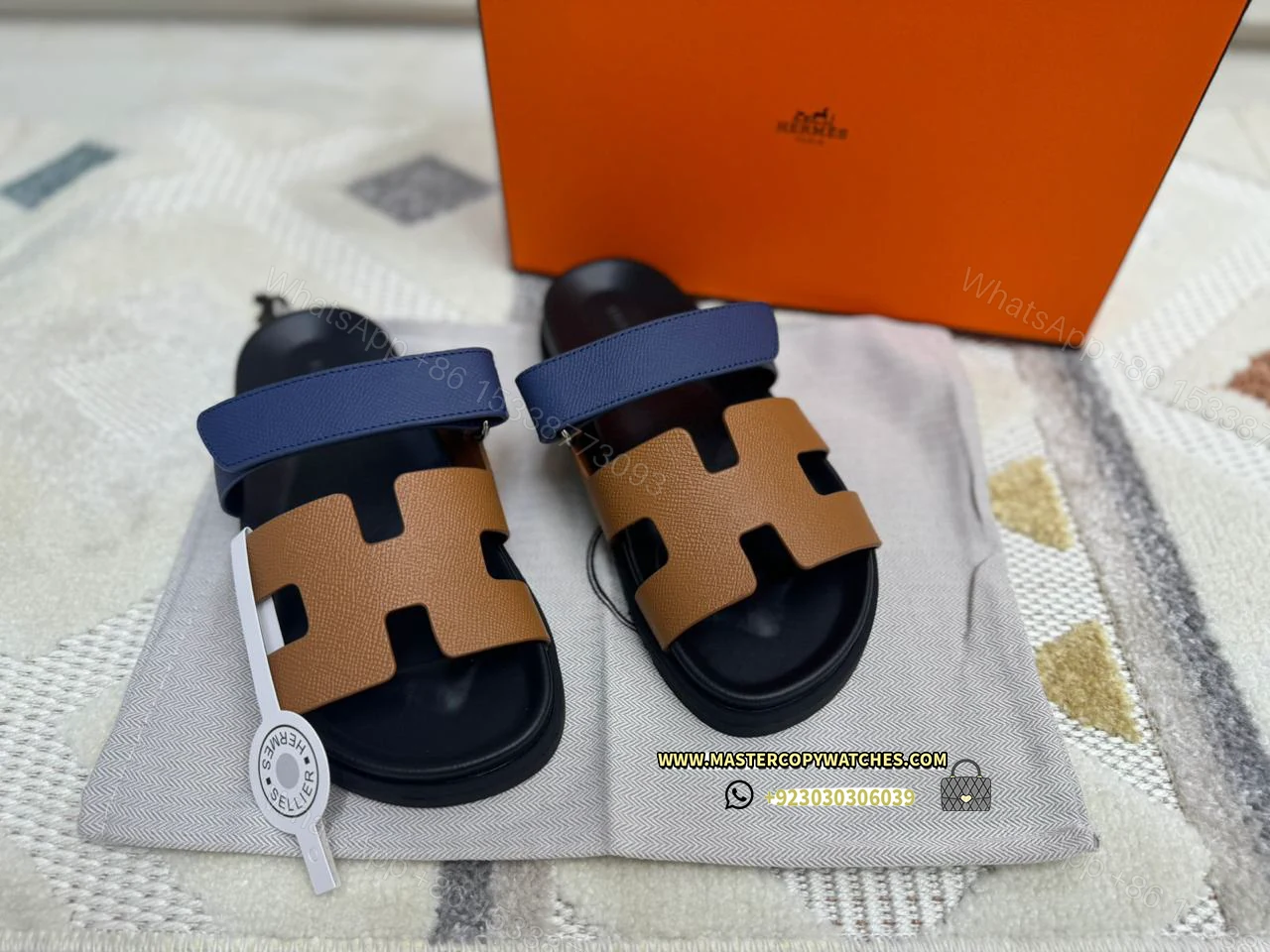 Hermes Chypre Sandals Brown & Blue — view 1