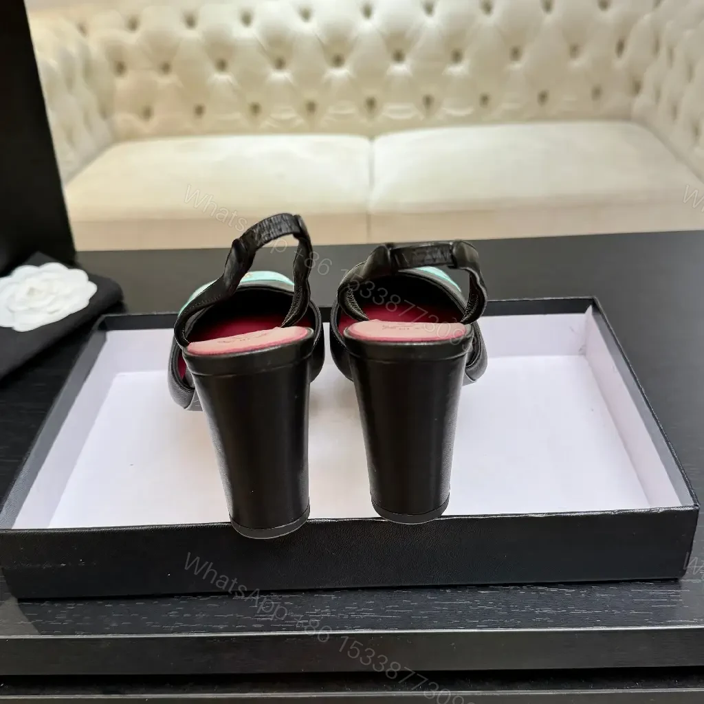 View 9 of Color-Block Leather Slingback Heels with Turquoise Toe Cap