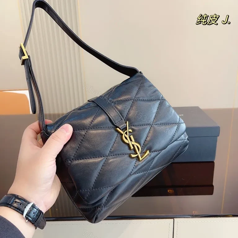 View 3 of Navy Quilted Leather Shoulder Bag with YSL Hardware