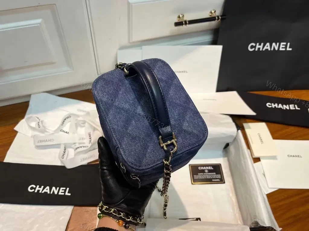 View 4 of Mini Denim Chanel Logo Crossbody â€“ City-Chic Compact Bag