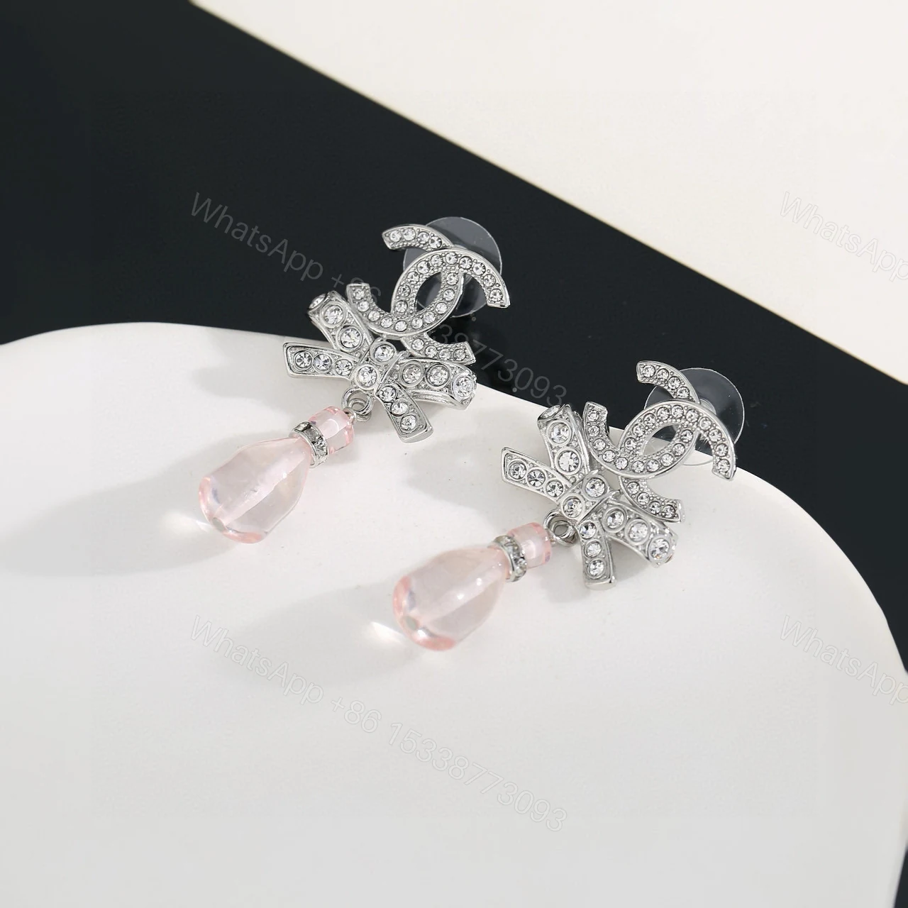 Chanel高仿水晶耳環蝴蝶結垂墜粉晶風格飾品人氣款 — view 1