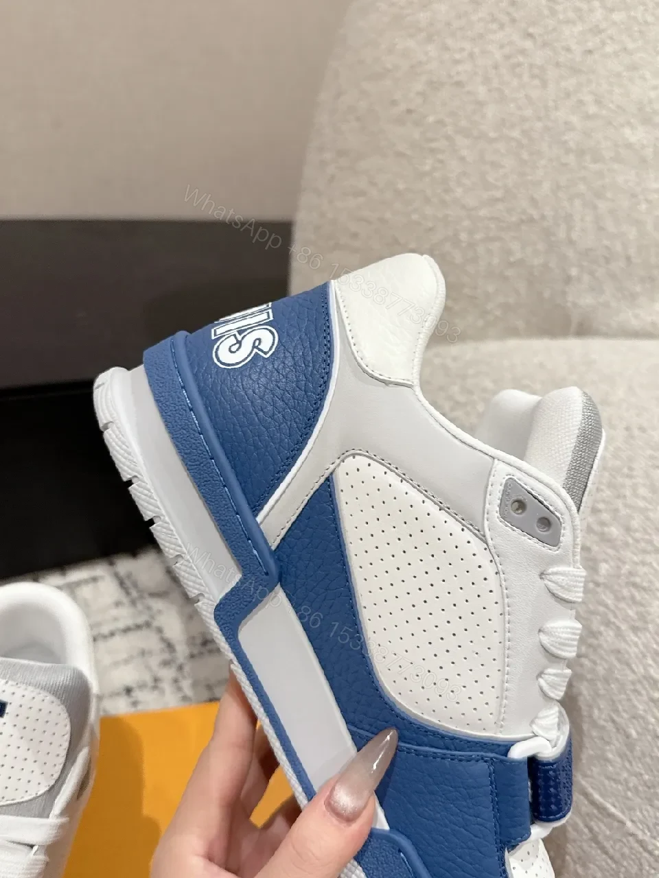 View 8 of Blue & White Luxe Leather High-Tops with LV Hints