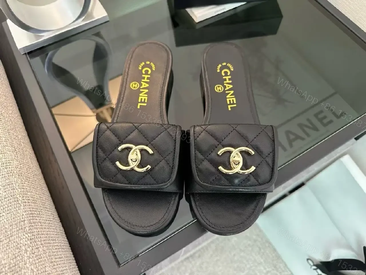 View 7 of Quilted Quinn Slides: Black + Gold Logo, Ultra-Comfort Slide