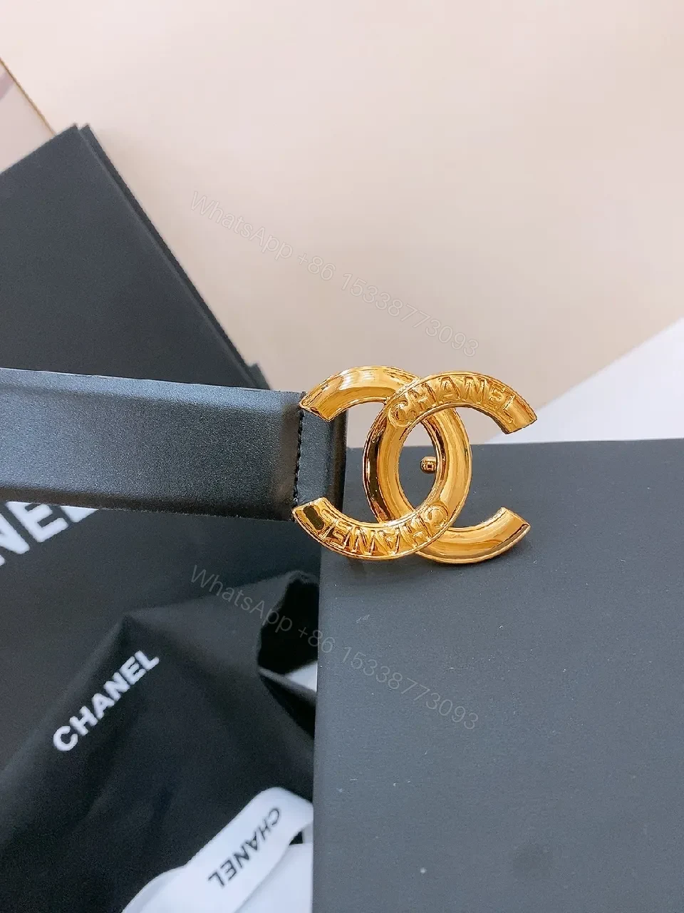 View 6 of Chic Leather Belt with Gold Double-C Buckle, Versatile Style