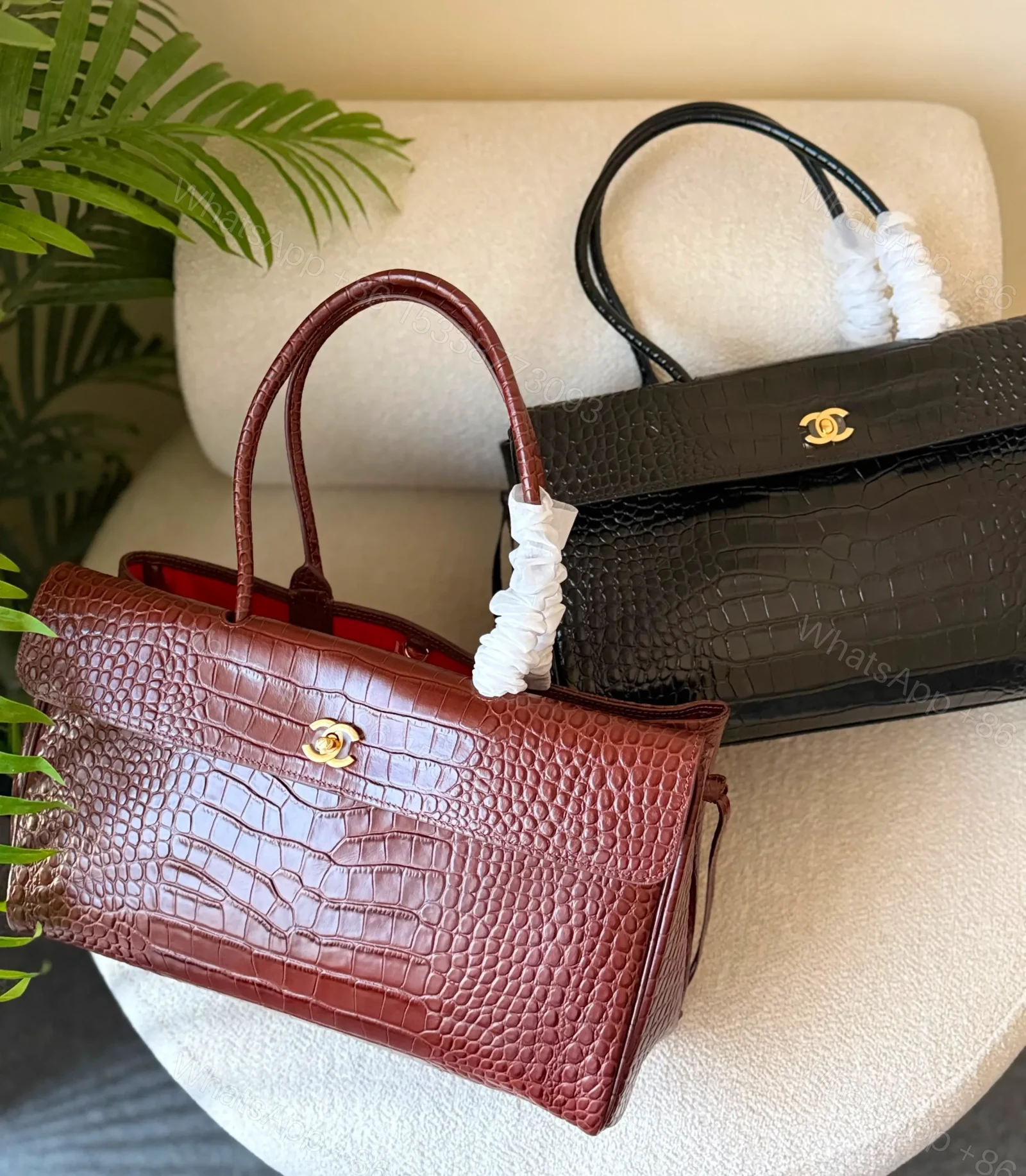 View 3 of Black Chanel Crocodile-Embossed Calfskin Handbag