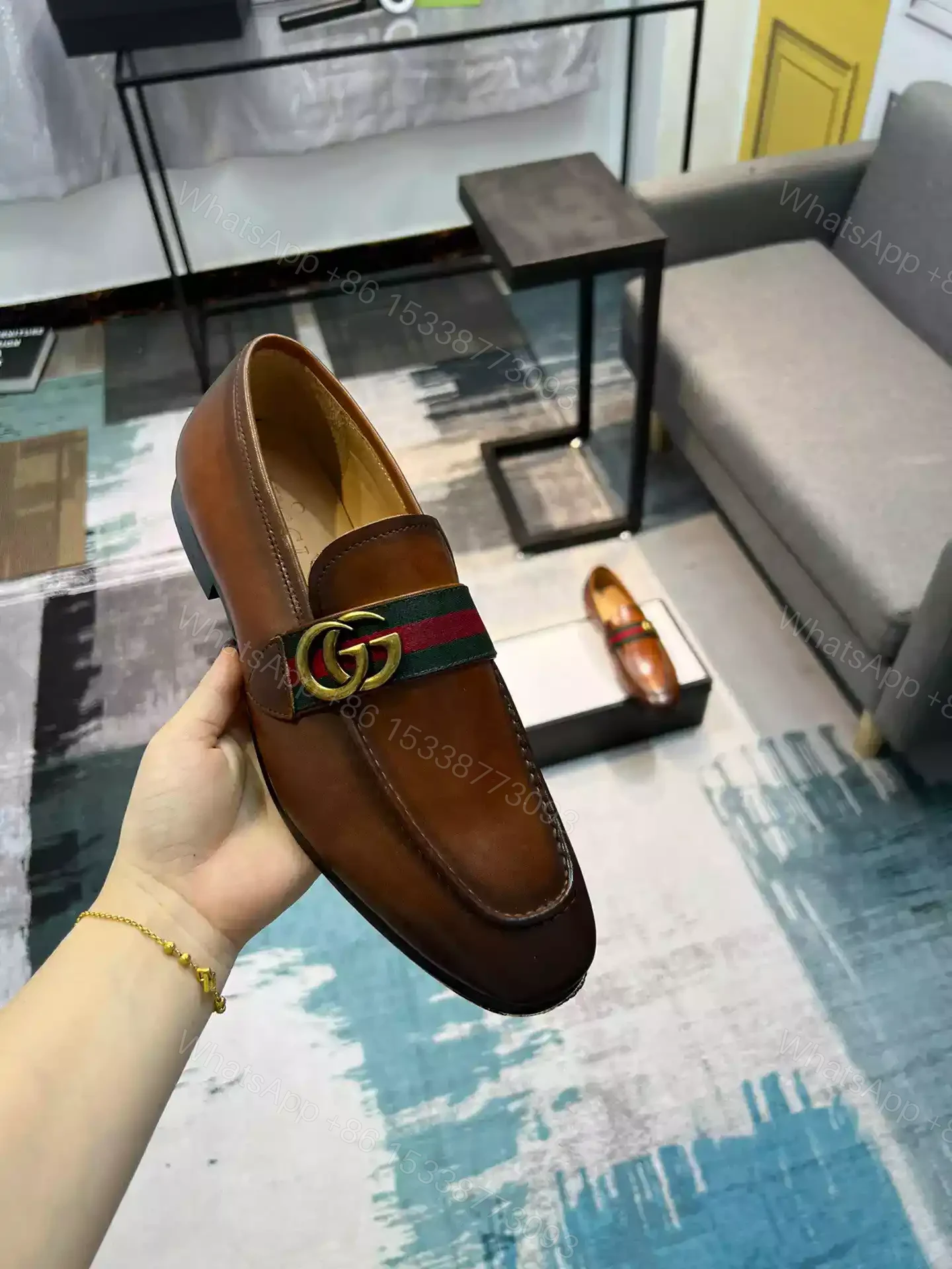 View 2 of GUCCI LEATHER LOAFER WITH DOUBLE G AND WEB IN BROWN – LDG26