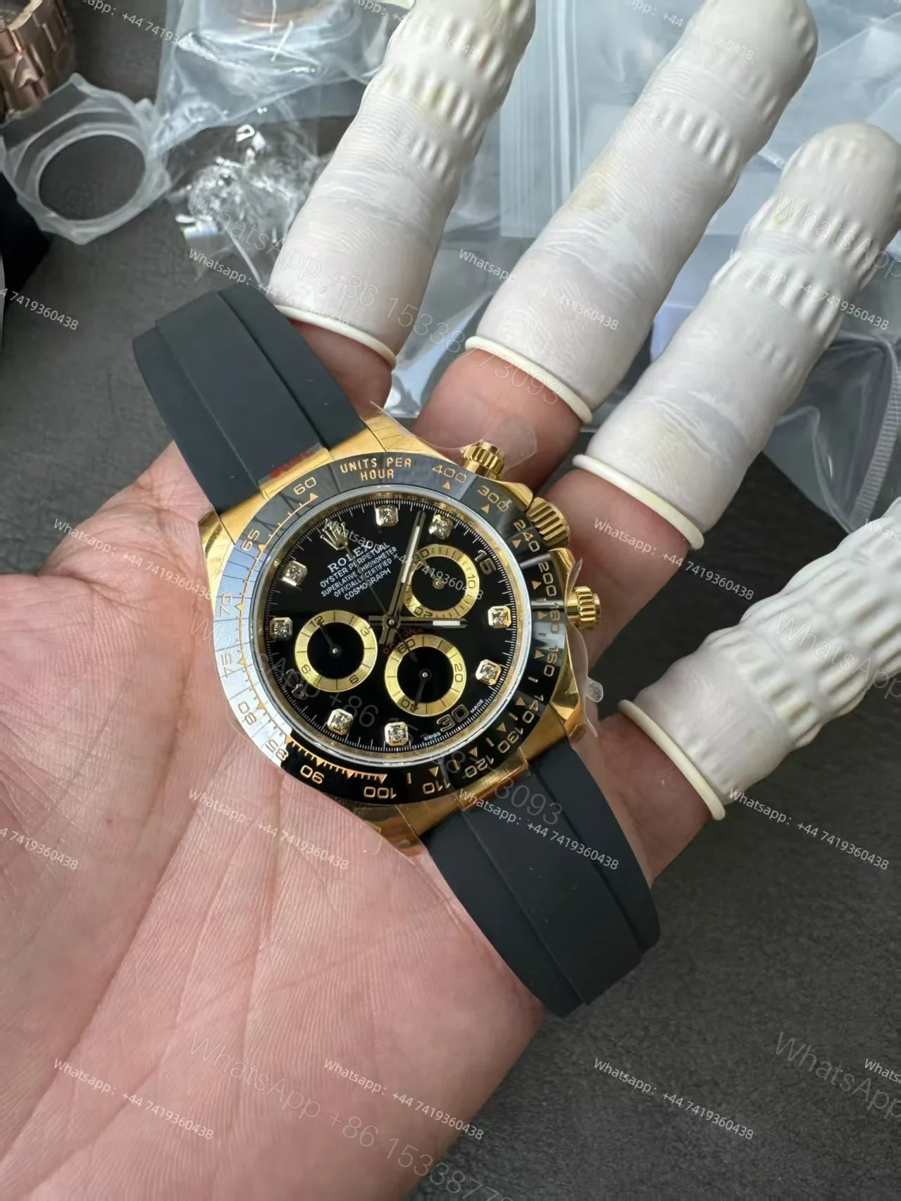 View 9 of Rolex Daytona 1:1 Replica – M116518LN-0078 Black Diamond Dial 18K Gold 4130 Super Clone