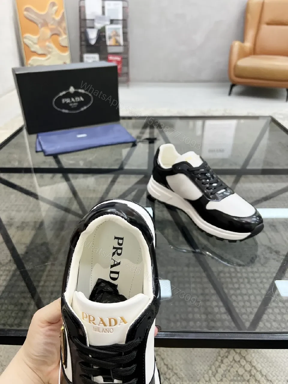 View 5 of Black & White Leather High-Tops with Prada Detailing - Luxe Comfort