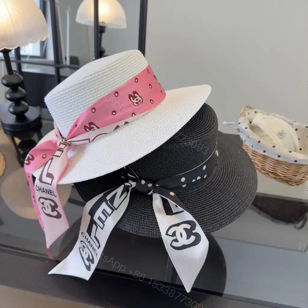 View 8 of White Silk Pink Scarf Band Straw Hat with Bow Chanel Logo