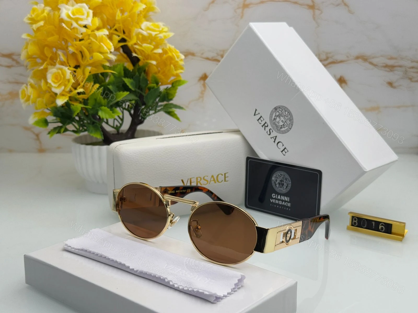 View 6 of Versace Oval Metal Sunglasses Gold Green