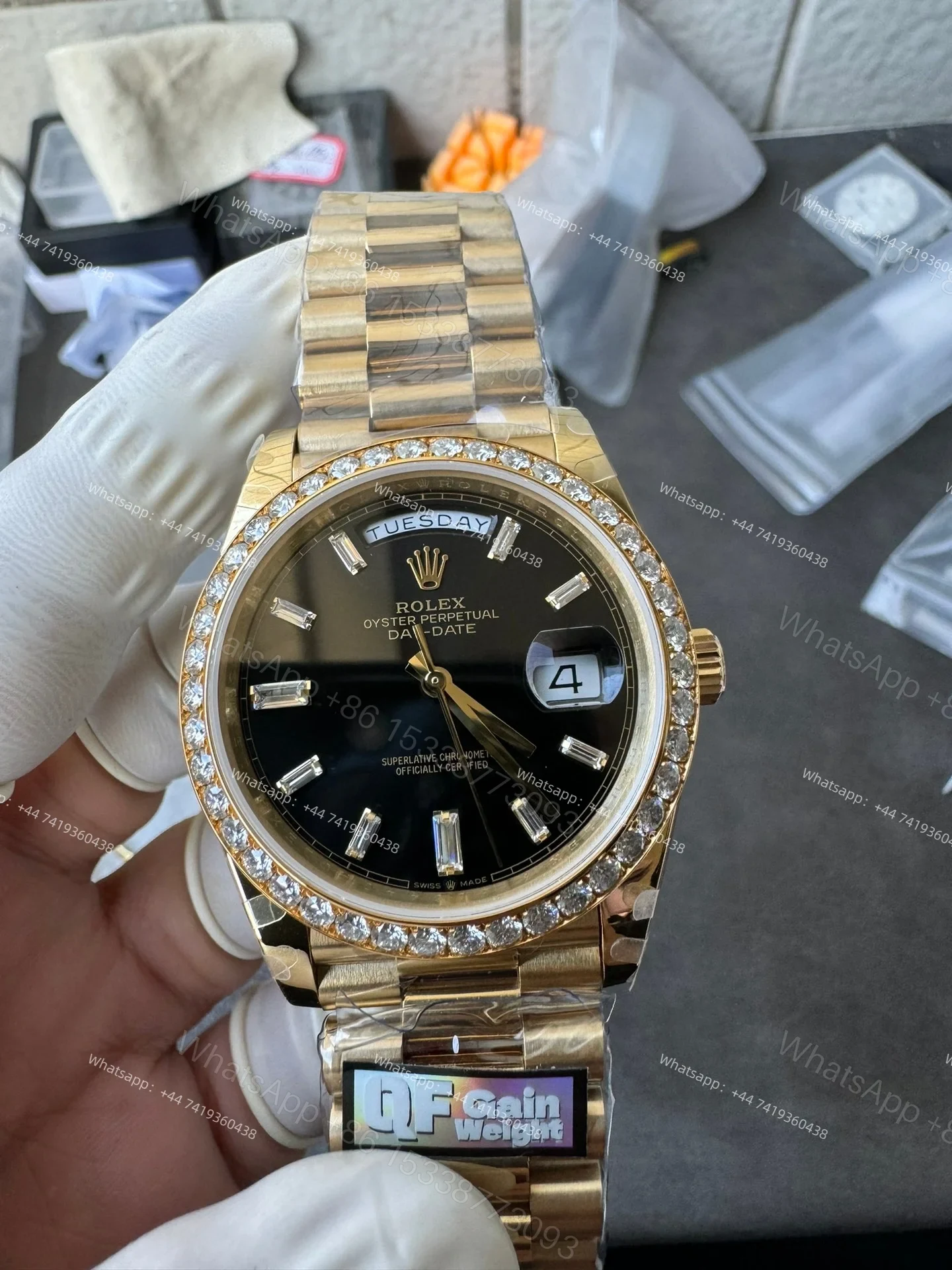 View 4 of Rolex Day-Date M228348RBR-0001 1:1 Replica Moissanite Diamond Bezel Black Dial 40MM 3255 Movement Super Clone Watch