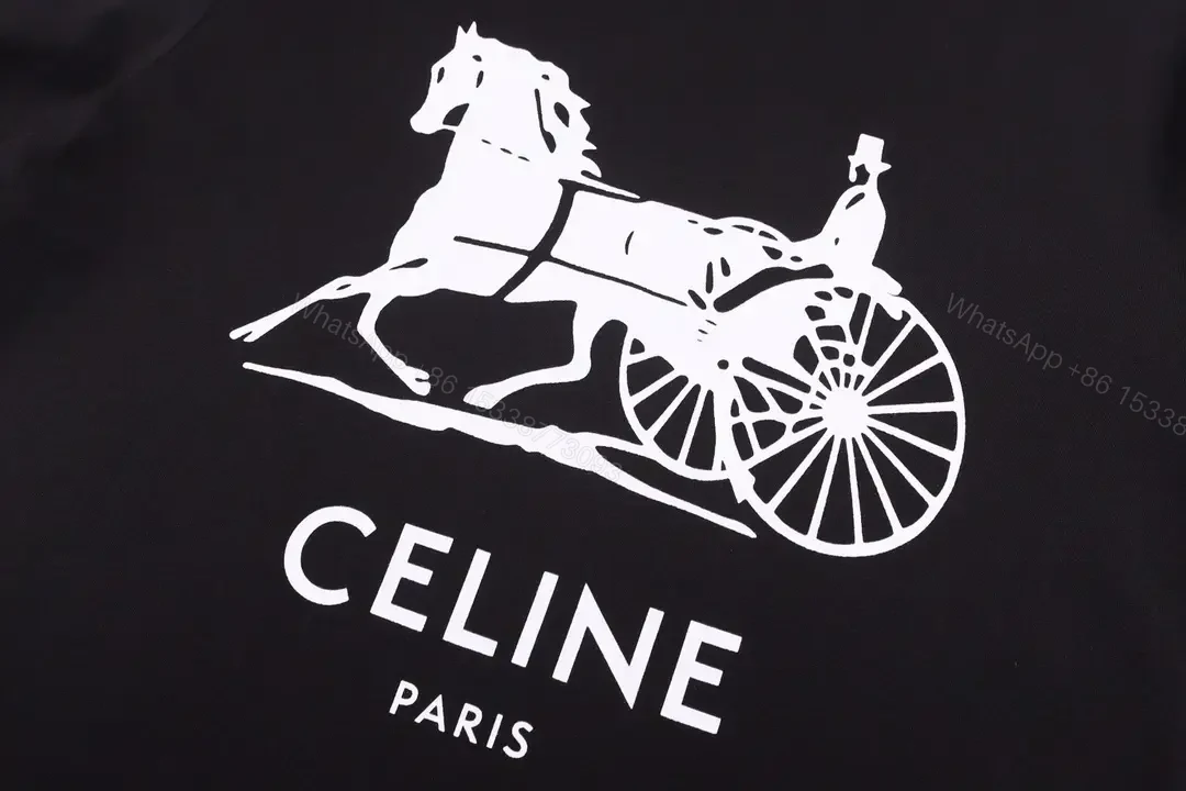 View 3 of Black Cotton Tee Crew Neck with White Horse Carriage Print CELINE PARIS T-shirt