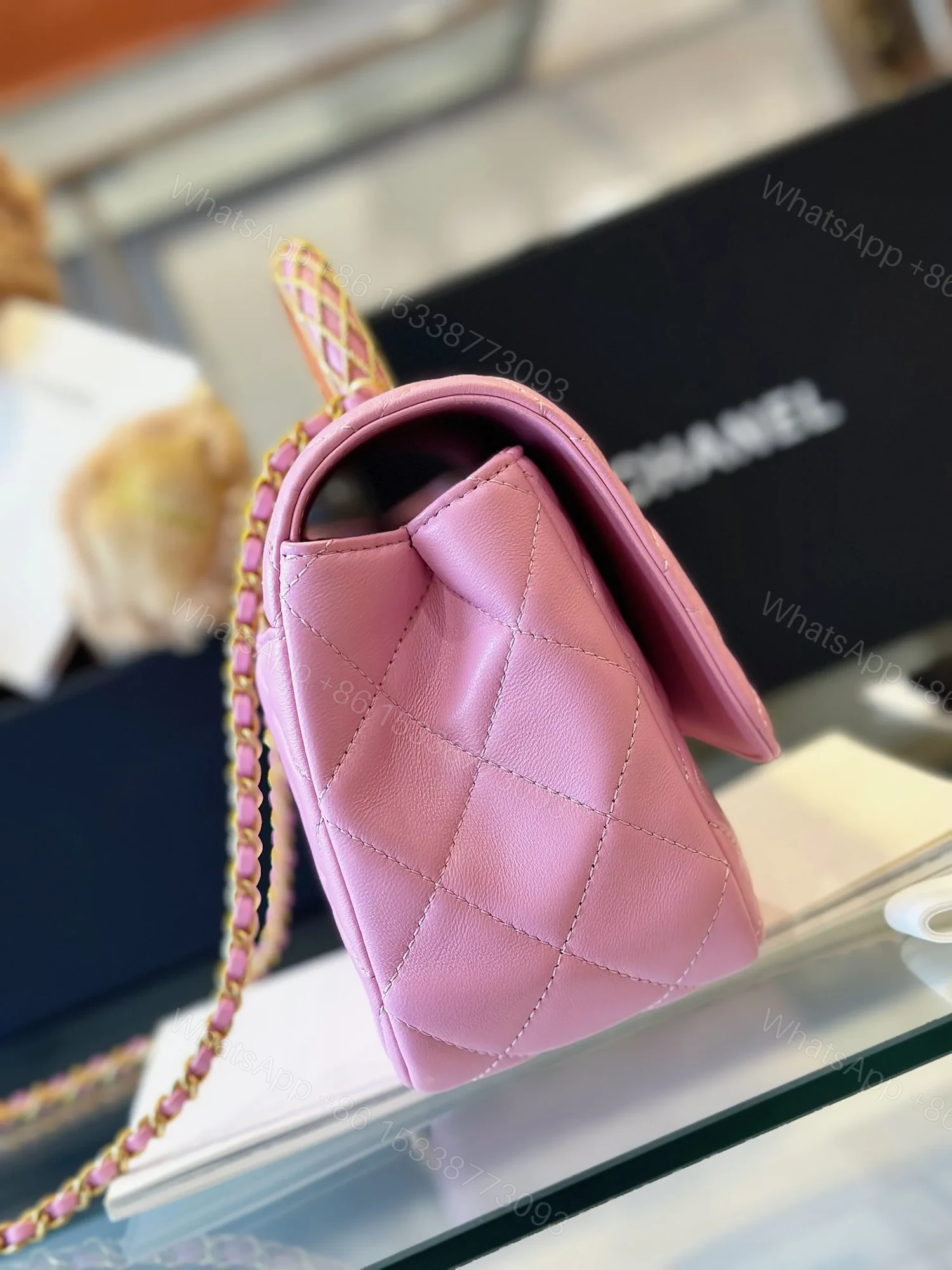 View 5 of Chanel Coco Mini Handbags Pink With Lock Gold 22x21cm