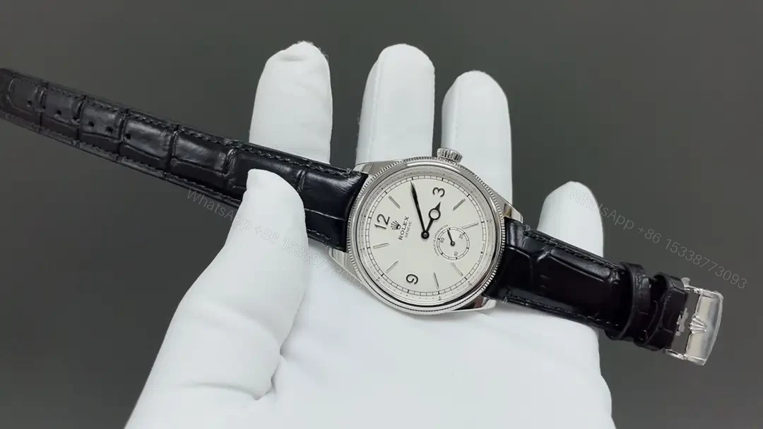 View 2 of Premium Rolex 1908 White Gold replica 39MM White Dial Black Leather Strap Edition RLX-1908-WHITE-GOLD-39MM-WHITE-DIAL-BLACK
