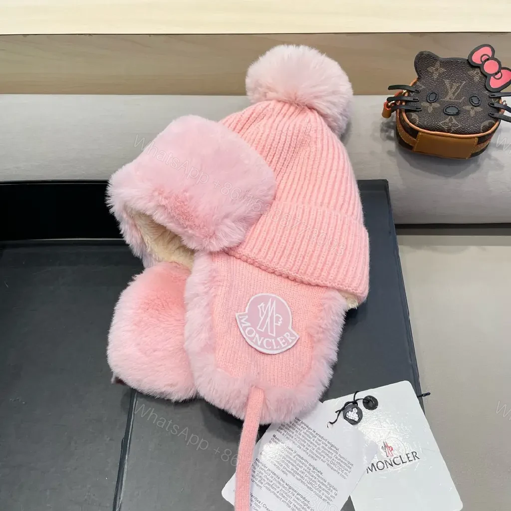 View 3 of Pink Knit Hat with Fuzzy Ear Flaps — Plush Warmth, Luxe Style