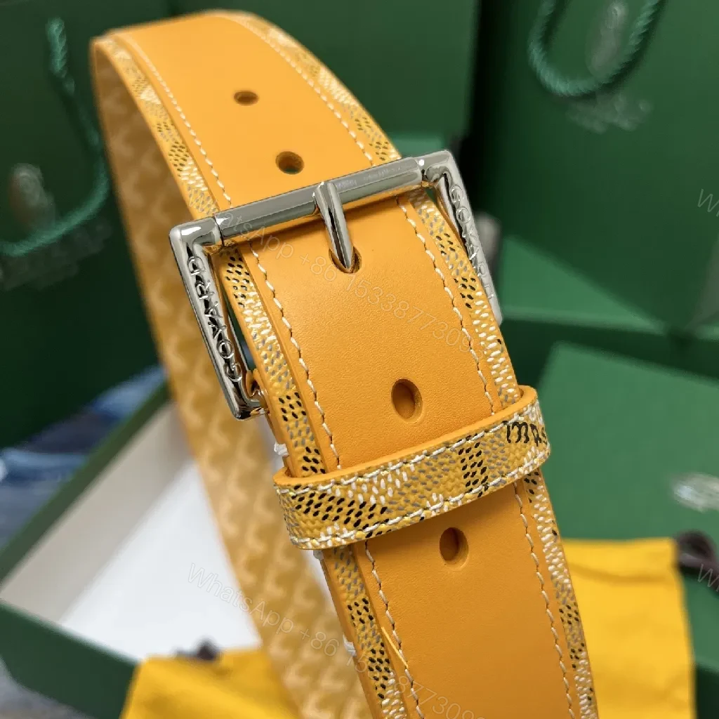 View 3 of Yellow Leather Belt with Signature Pattern, Premium Craftsmanship, Modern Style, Adjustable Comfort