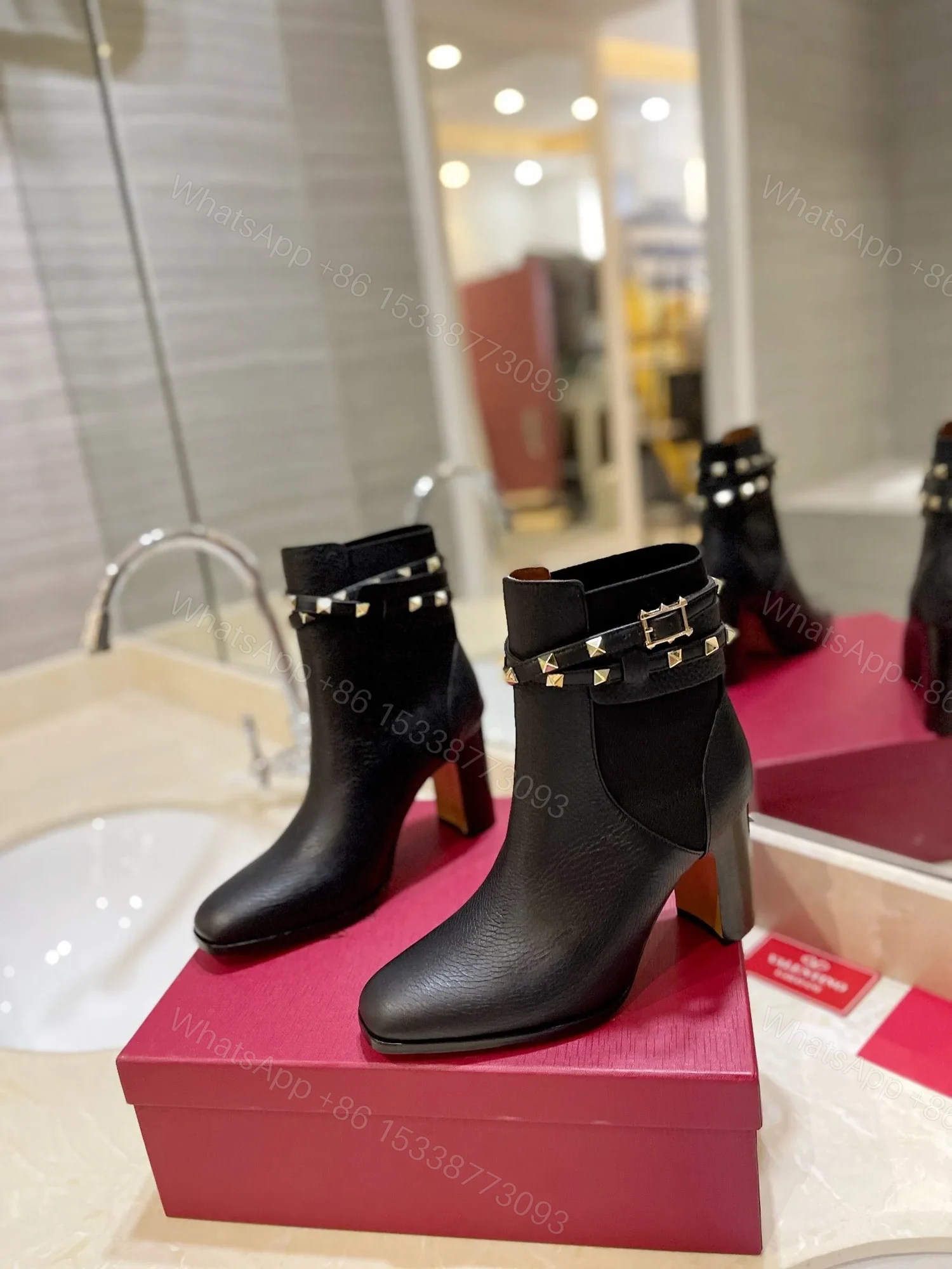 View 3 of Valentino Women Black Leather Studded Ankle Boots