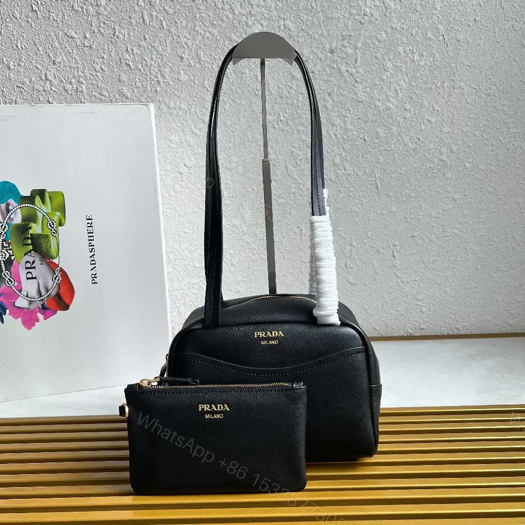 View 2 of Black Leather Structured Handbag with Gold Zipper Pouch - Prada Milano Style