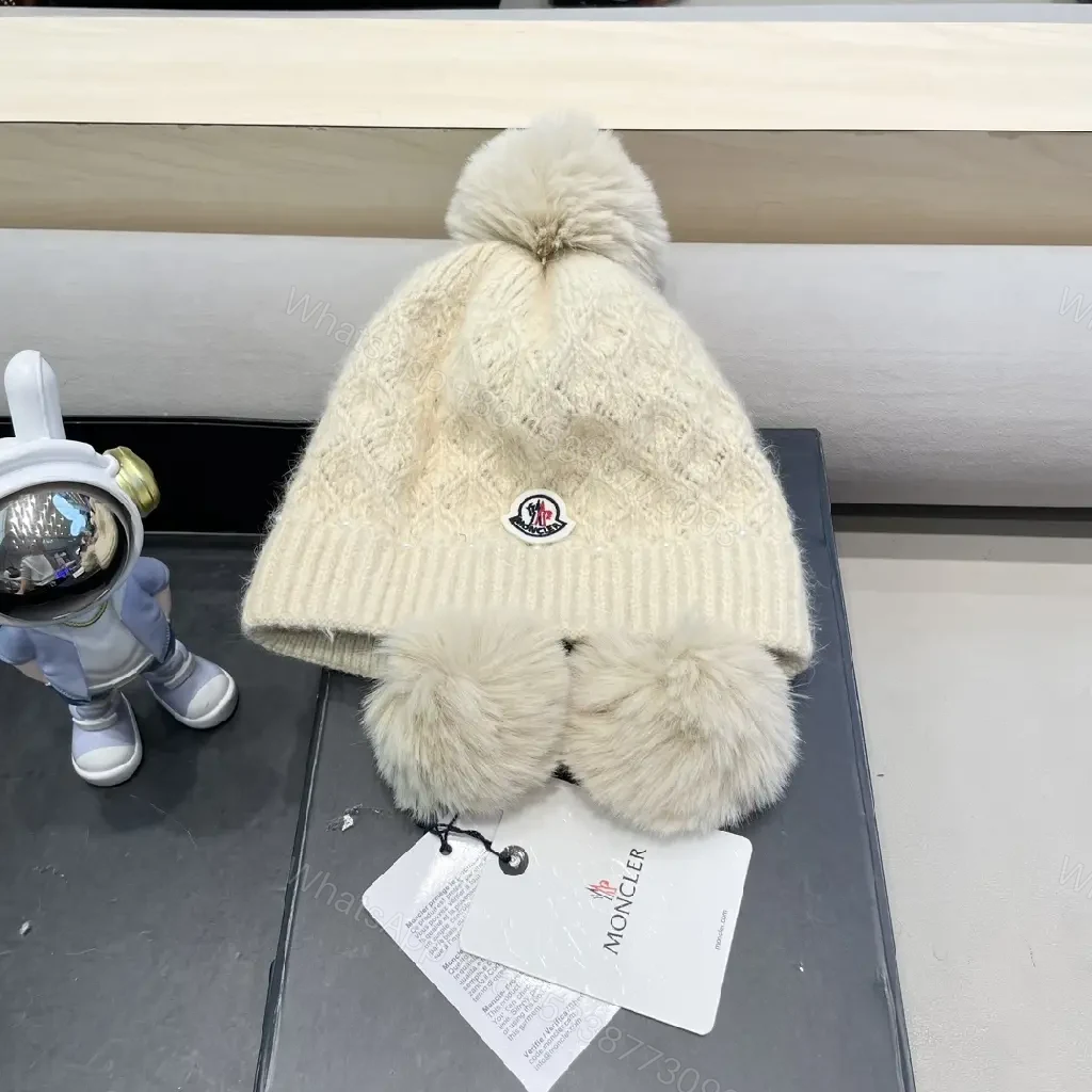 Ivory Knit Beanie with Plush Earmuffs & Pom – Cozy Luxe Style — view 1