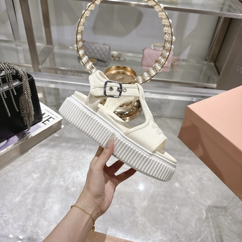 View 2 of MIUMIU DENIM FLATFORM SANDALS IVORY 5X402E CSL F0304 F 045