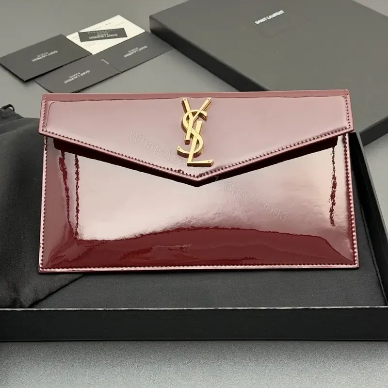 Magenta Patent Envelope Clutch with Gold Monogram - Luxe Style — view 1