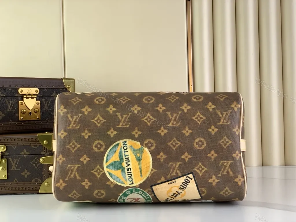 View 6 of Bold LV-Inspired Patch Satchel - Travel-Ready Satchel