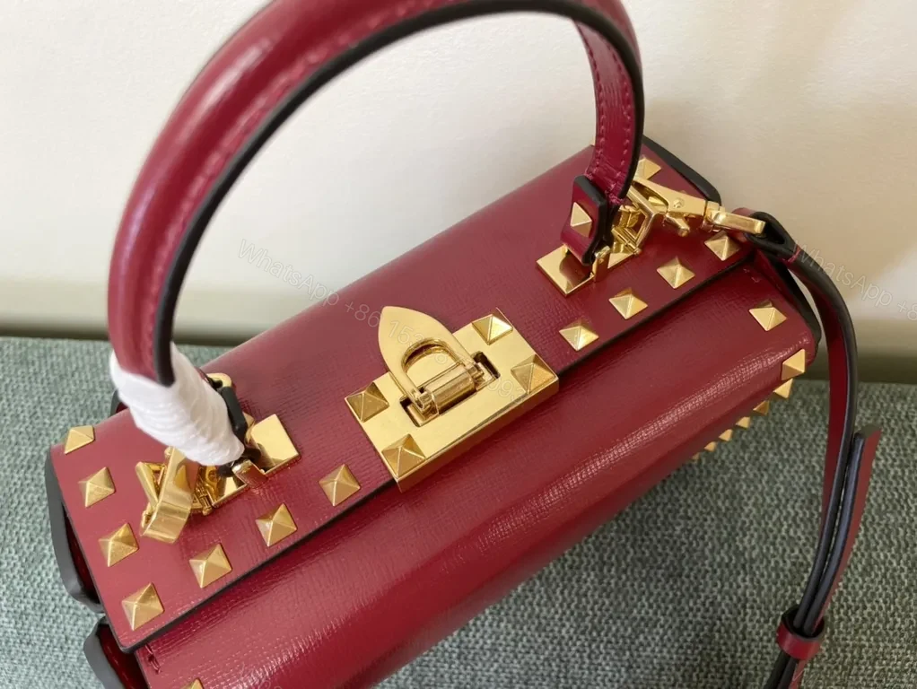 View 8 of Crimson Rockstud Box Bag: Red Calfskin, Luxury Crossbody