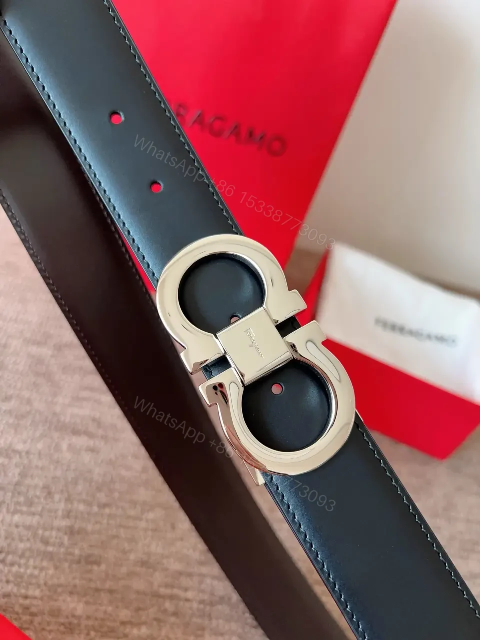 View 6 of Statement Black Leather Belt with Double-Circle Buckle