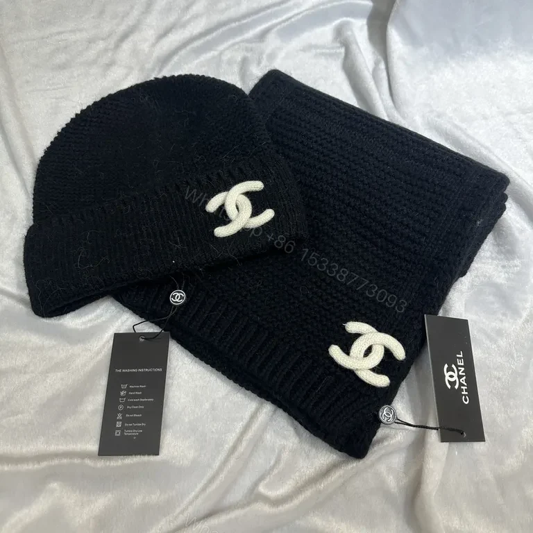View 2 of Taupe Luxury Knit Set: Chanel-Accent Beanie & Scarf