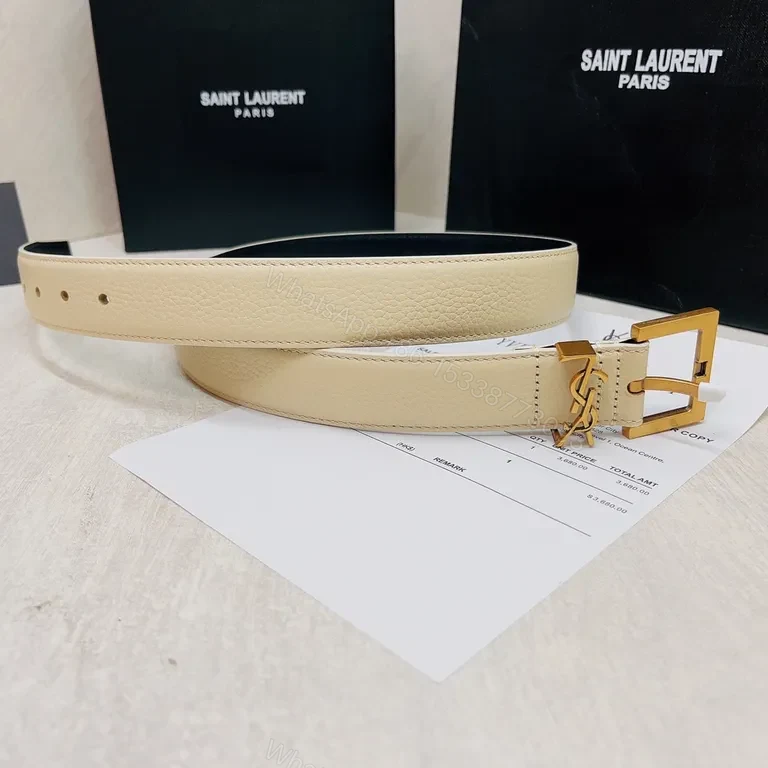 View 5 of Crisp White Leather Belt with Gold Hardware â€” Saint Laurent Style