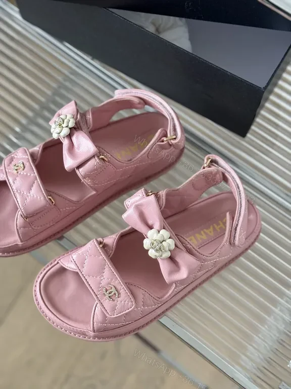 View 8 of Pink Leather Sandals â€“ Chanel-Inspired, Floral Accents, All-Day Comfort