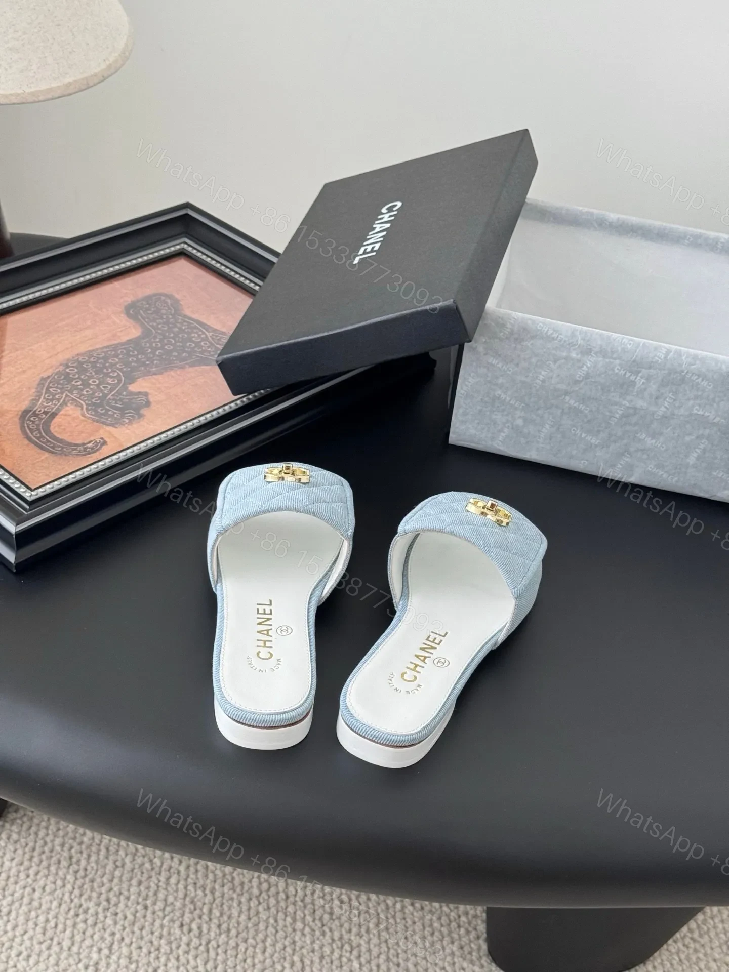 View 5 of Chanel Women Light Blue Quilted Fabric Slides
