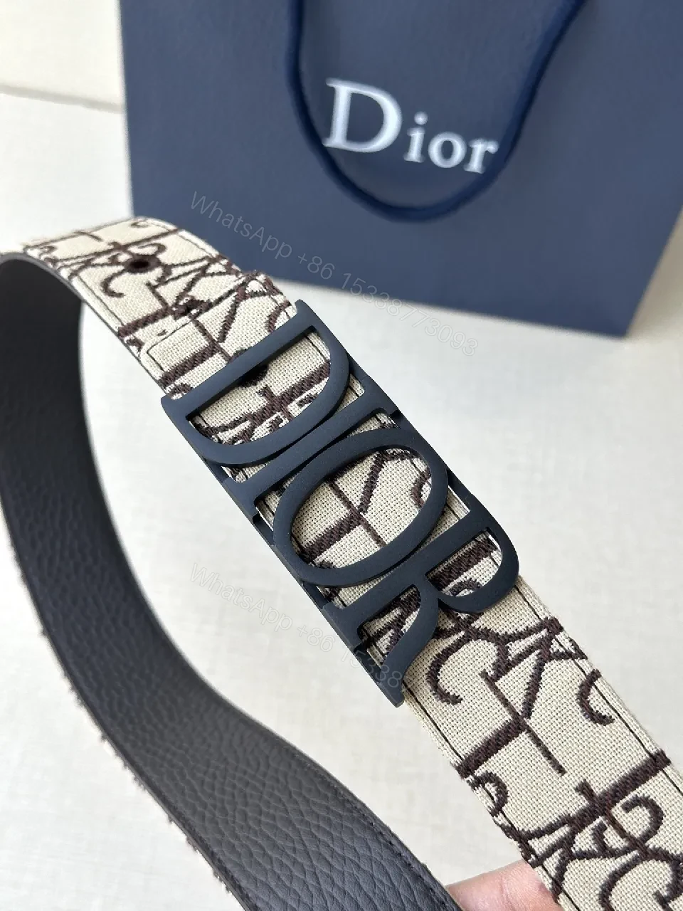 View 3 of Beige Monogram Belt with Luxe Signature Print