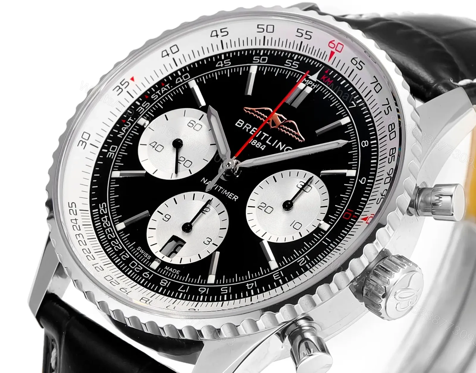 View 3 of Super Clone Breitling Navitimer B01 Black Leather Strap 43MM Premium AB0138211B1P1