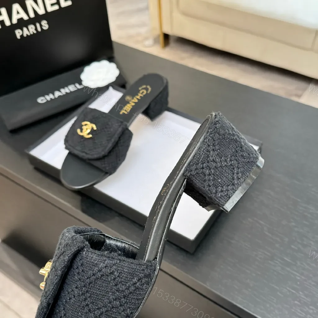 View 6 of Black Textured Slip-Ons with Gold Logo Hardware, Open-Back Slide