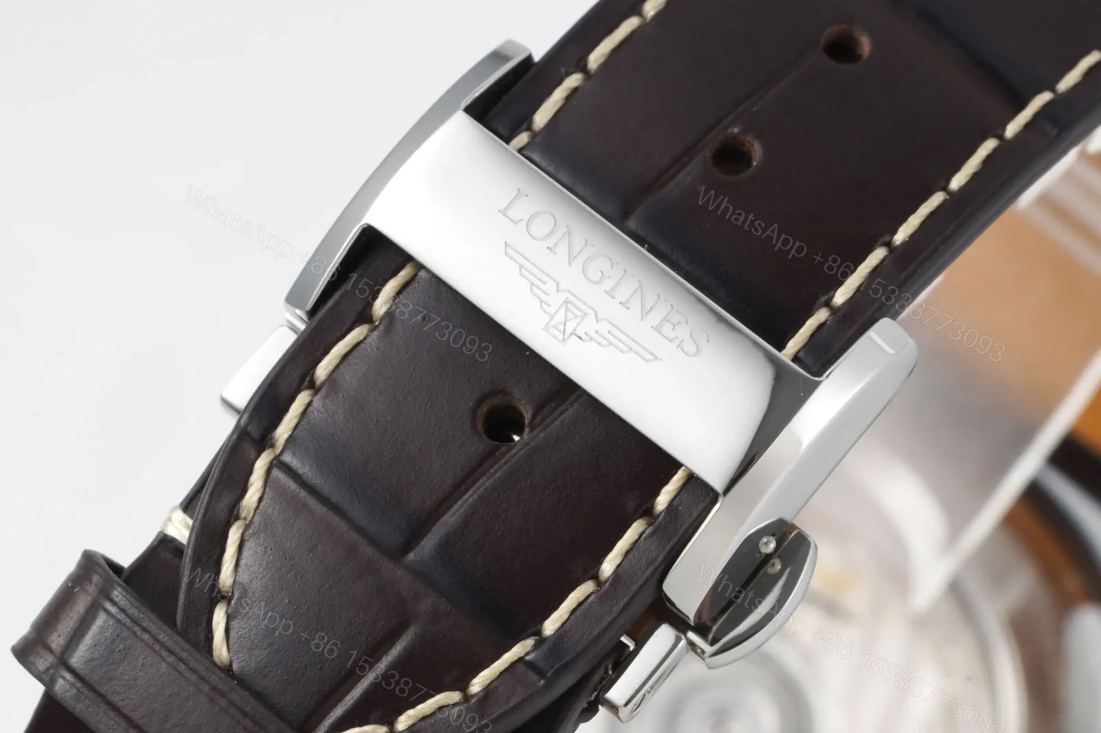 View 8 of Longines Master Collection Automatic Watch Silver Dial Blue Hands Brown Leather Strap