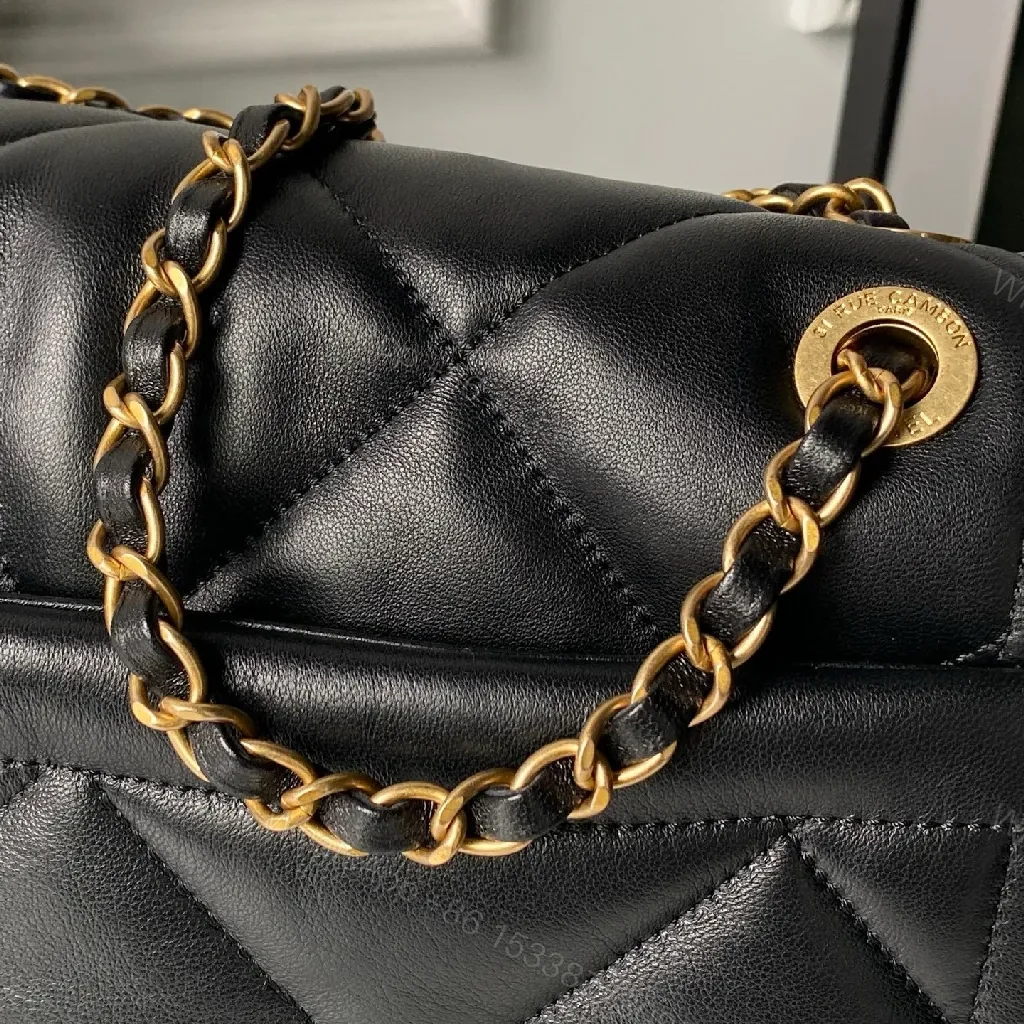 View 5 of Compact Quilted Black Chain Bag - Gold Hardware