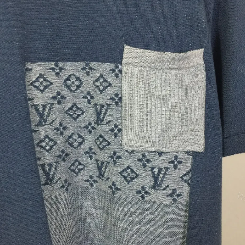 View 7 of Blue Patchwork LV-Patterned Casual Oversized Tee with Chest Pocket