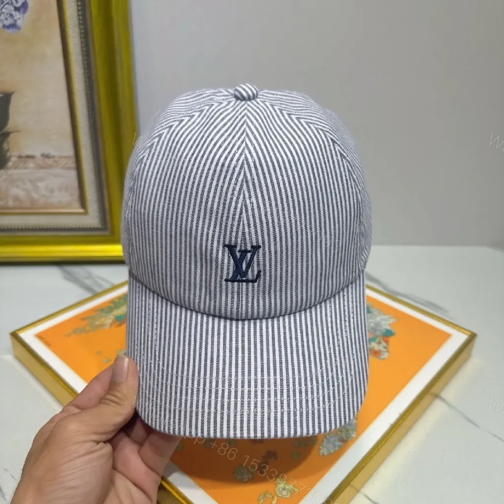 View 9 of Striped Linen-Look Cap with Subtle Monogram Motif