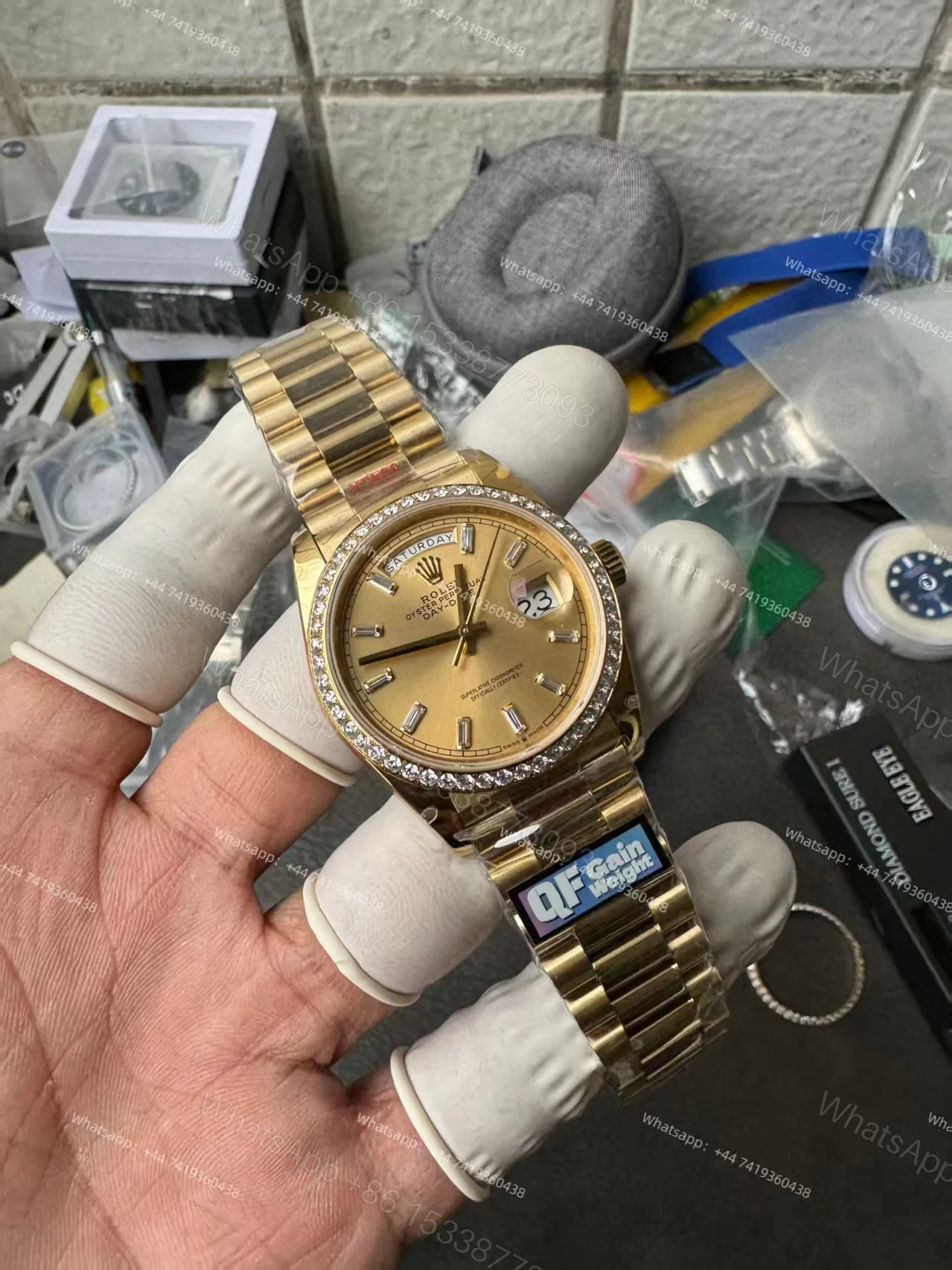 View 4 of Rolex Day-Date M228348RBR-0002 1:1 Replica Moissanite Bezel Gold Dial 40MM 3255 Movement Super Clone Watch