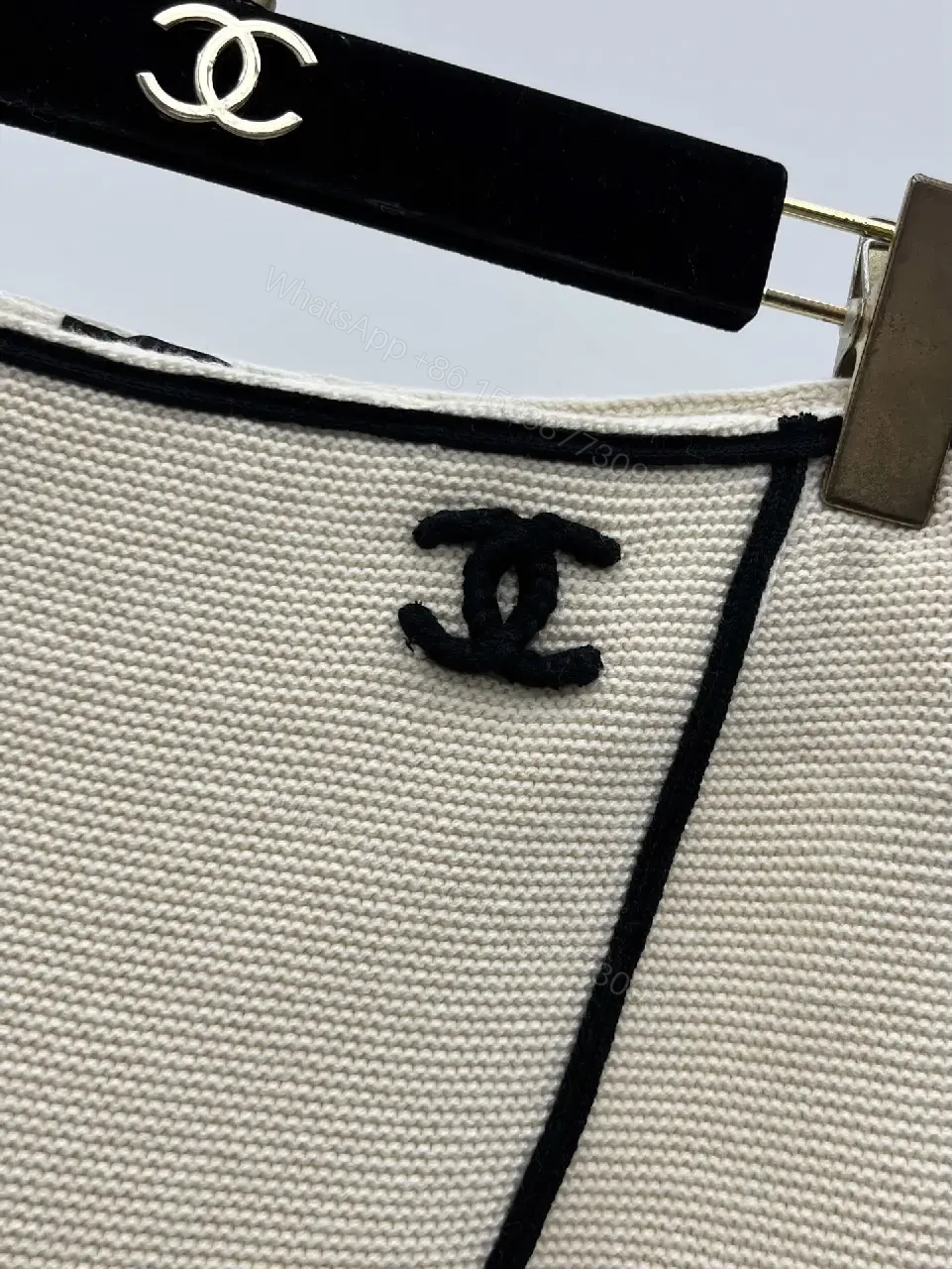 View 9 of Beige Tweed Skirt with Black Piping and Chanel Logo Slim A-Line Skirt