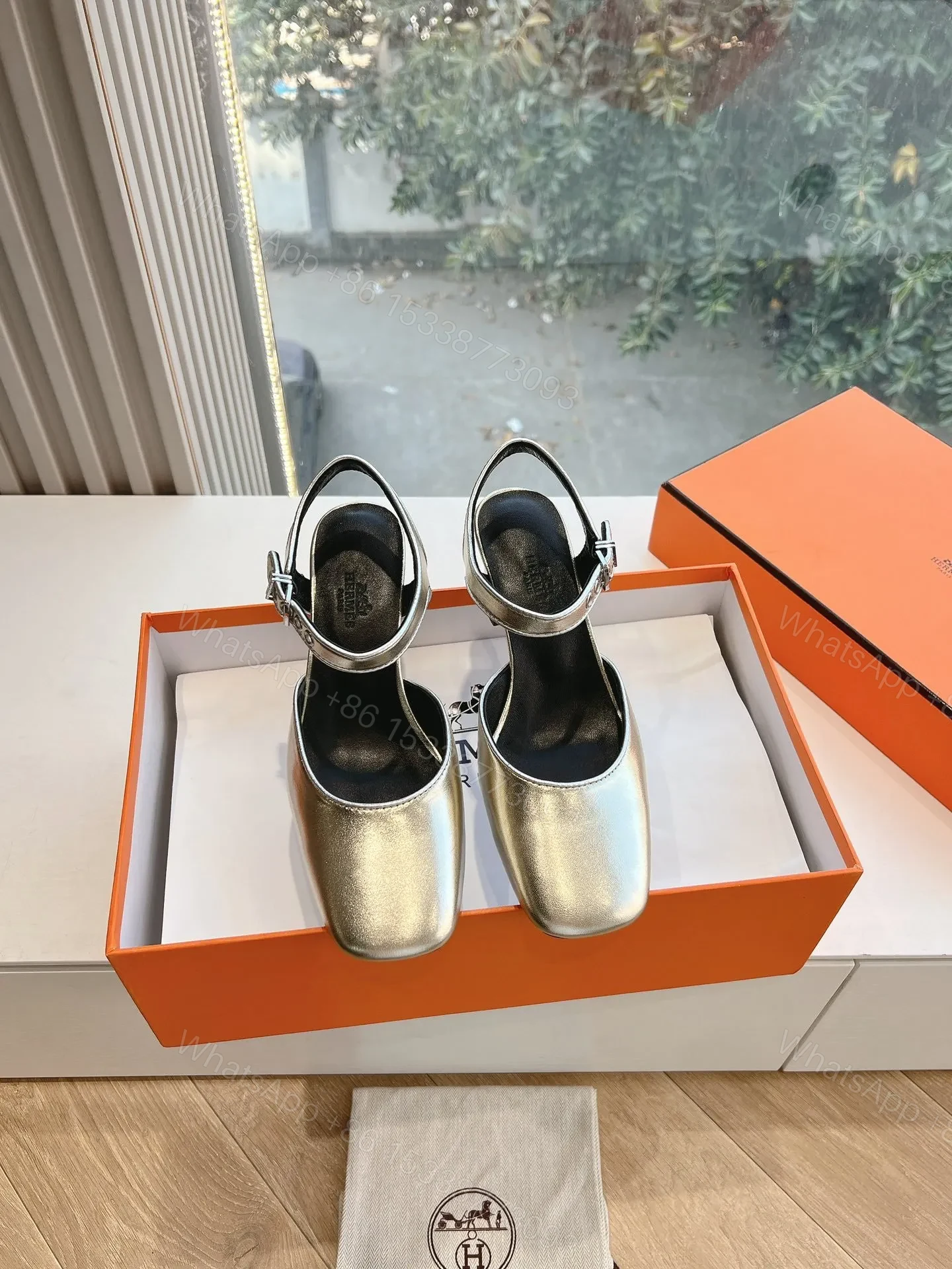 View 2 of Hermes Women Silver Leather Square Toe Heels